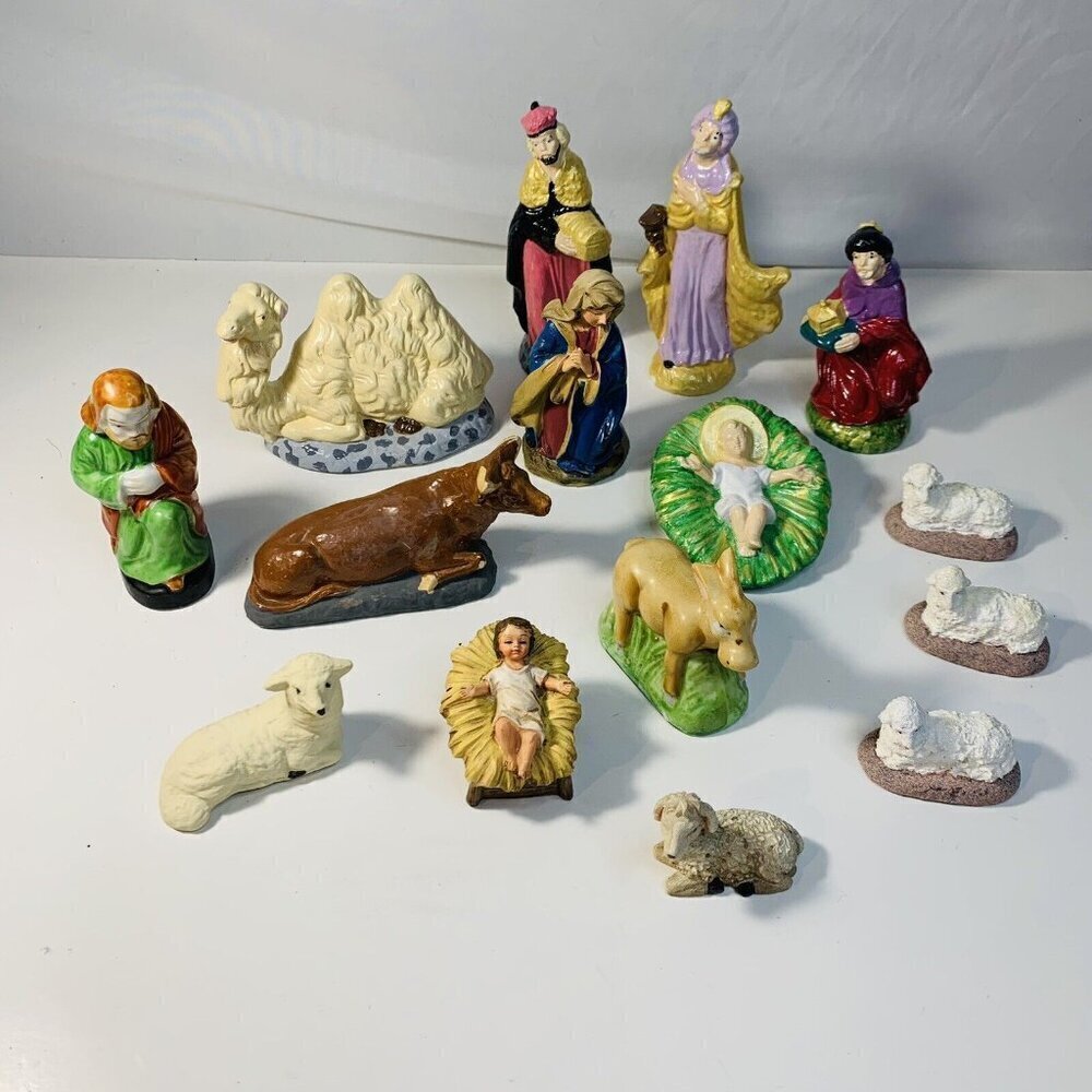 Vintage Christmas Nativity Figures Lot Various Sizes &‎ Materials Hand Painted